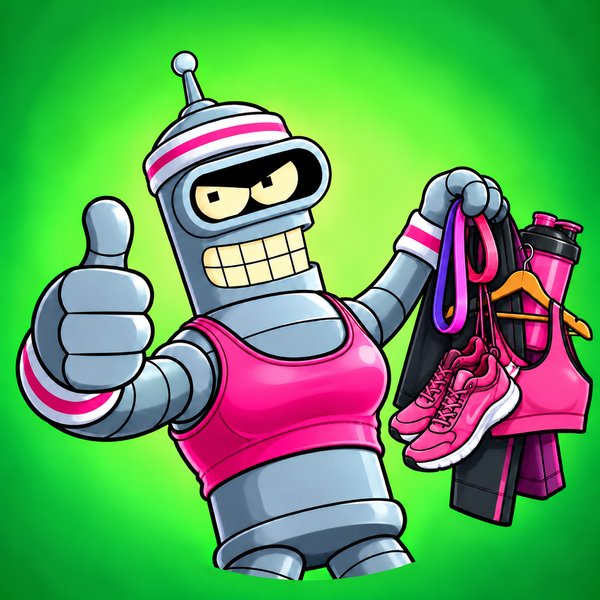 O Bender de top rosa e faixa na testa, com o polegar para cima, segurando tênis, legging, elástico, coqueteleira e um top no cabide